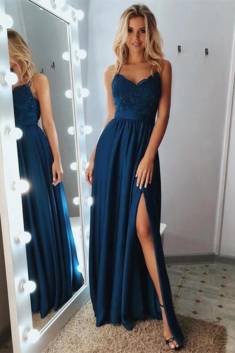 Buy A Line Lace Applique Dark Navy Long Prom Dress with Split MP305 – MyGirlProm.com
