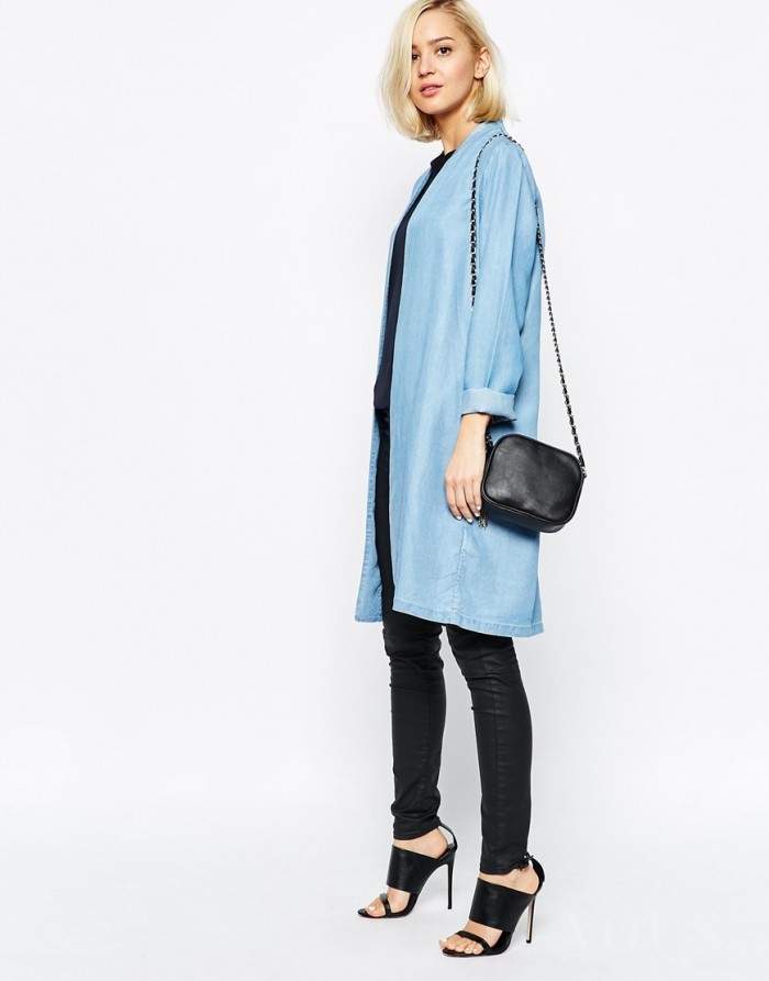 ASOS blue long coat – błękitny długi płaszcz – stylizacja z czarnymi dodatkami ̵ ...