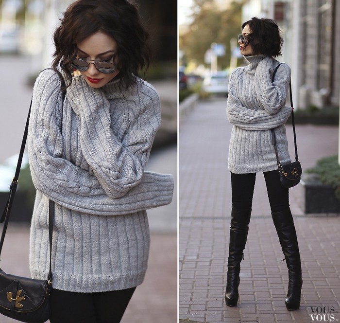 Szary sweter i skórzane spodnie- na jesienne spacery