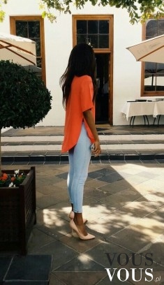 Kolorowy zestaw na lato, długie spodnie dżins podkreślają zgrabne nogi, długa pomarańczowa bluzk ...