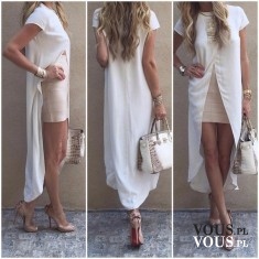 Biała sukienka z dłuższym tyłem, krótka spódniczka, obcisła mini