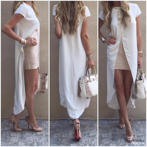 Biała sukienka z dłuższym tyłem, krótka spódniczka, obcisła mini
