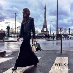 czarna długa sukienka, stylizacja z paryża