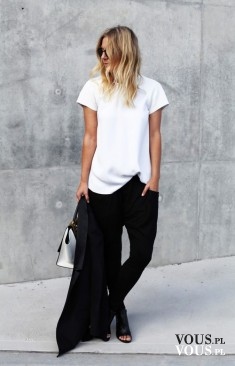 czarno-biały zestaw, czarne spodnie, luźna biała bluzka