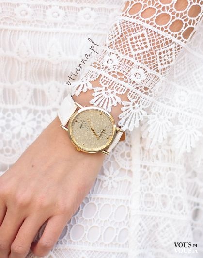 Koronkowa biała mini sukienka – HM, zegarek kremowy, ażurowy – otien