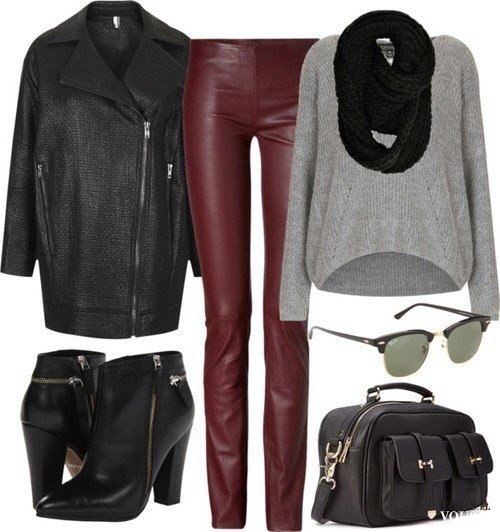 Rockowy styl, skórzane burgundowe spodnie i szary sweter oversize, luźny płaszcz , czarny płaszc ...