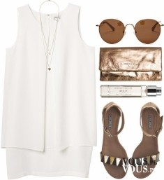 Letnia stylizacja, zwiewna biała sukienka, brązowe dodatki do białej sukienki