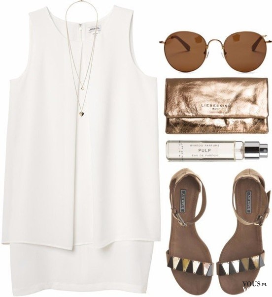 Letnia stylizacja, zwiewna biała sukienka, brązowe dodatki do białej sukienki