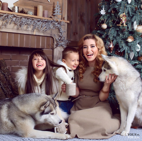 Piękna rodzinna sesja zdjęciowa świąteczna, mama, córka, syn i psy.
