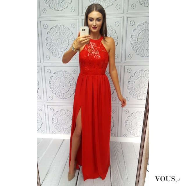 Długa czerwona suknia na bal, wesele, przyjęcie, sylwester