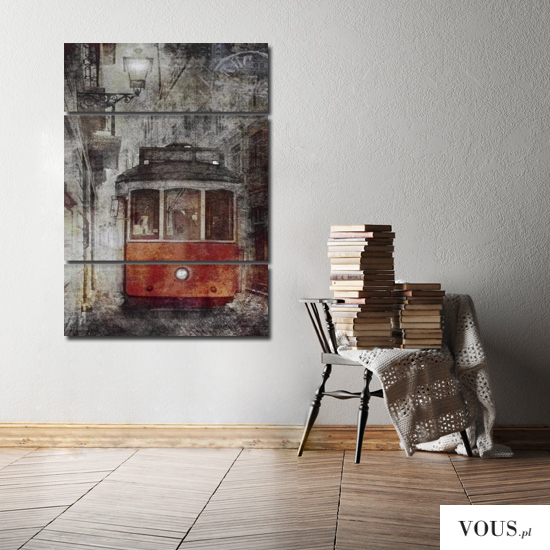 Obraz stworzy z grafiki, przedstawiający czerwony tramwaj o bardzo artystycznym charakterze.