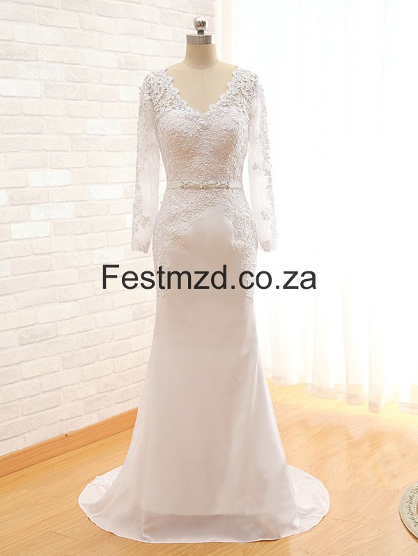 Mermaid/Trumpet V-Neck Long-Sleeve Lace Wedding Dresses – Festmzd.co.za