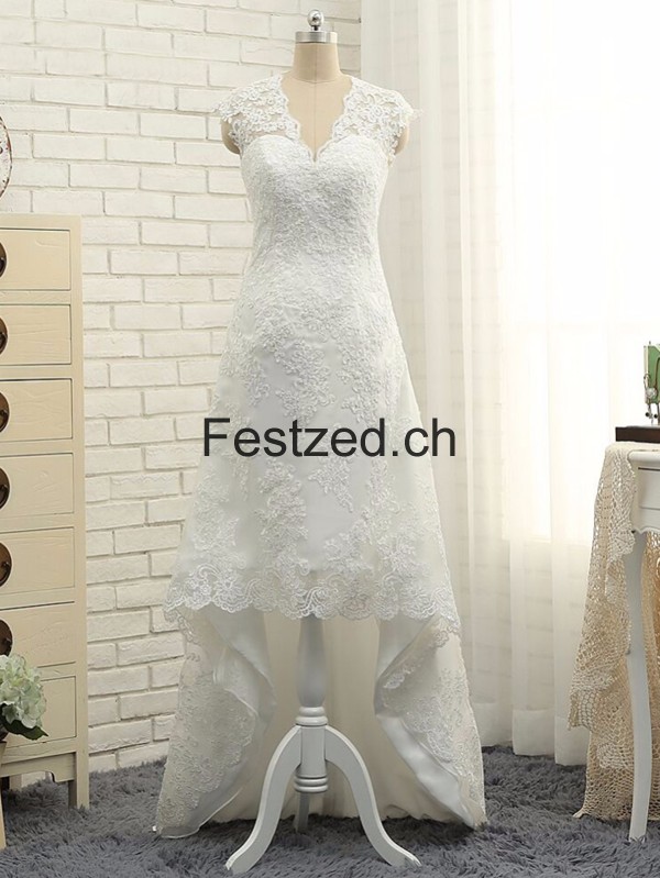 Weiß Hoch-niedrig V-Ausschnitt Spitze Brautkleider – Festzed.CH