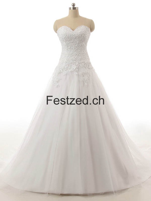Weiß Kugel-Kleid Herzausschnitt Tüll Brautkleider – Festzed.CH