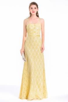 Elégante robe jaune pour soirée gala avec bretelles fines bordées de dentelle délicate – R ...