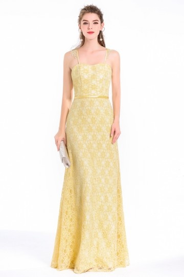 Elégante robe jaune pour soirée gala avec bretelles fines bordées de dentelle délicate – R ...