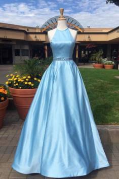 Blue A Line Floor Length Halter Sleeveless Beading Belt Prom Dress – Ombreprom