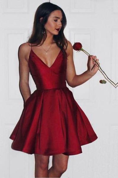 Burgundy Sweetheart Spaghetti Sleeveless Homecoming Dress – Ombreprom