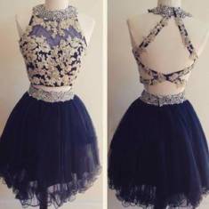 Shop Navy Blue Two Pieces Lace Up Beading Homecoming Dresses On Sale – Ombreprom
