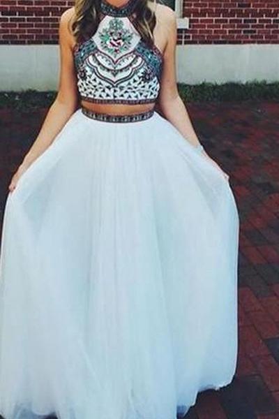 Shop Two Piece A-Line Halter Sleeveless Beading Prom Dresses on Sale – Ombreprom