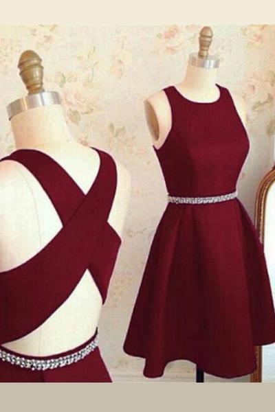 Simple Red Stain Short Homecoming Dress, Beaded Knee Length Prom Gowns – Ombreprom