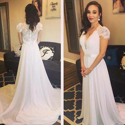 White A Line Court Train V Neck Capped Sleeve Cheap Wedding Dress – Ombreprom