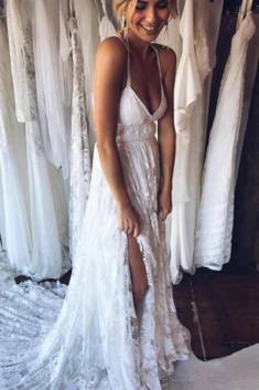 Halter Sleeveless Backless Side Slit Cheap Wedding Gown,Beach Wedding Dress – Ombreprom