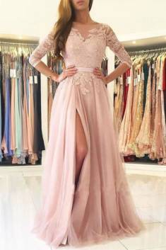 Pink A Line Brush Train 3/4 Sleeve Backless Layers Aplliques Prom Dress – Ombreprom