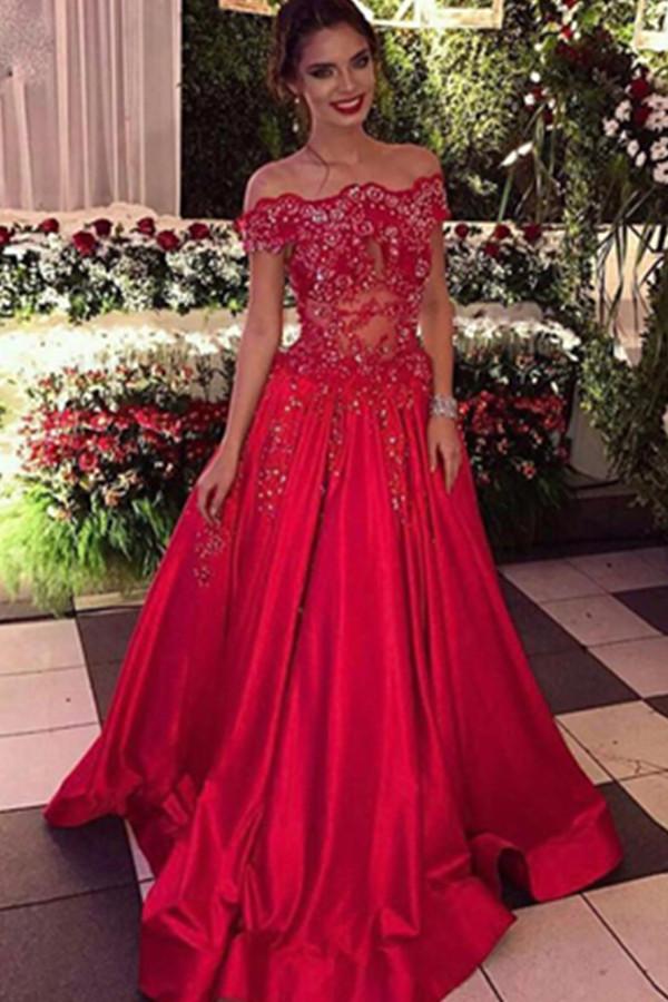 Red Off-the-Shoulder A-line Ball Gown Applique Beaded Satin Prom Dress P569 – #Ombreprom # ...