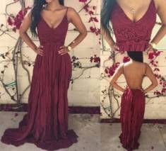 Sexy Burgundy V-neck Lace Spaghetti-straps Ruched Backless Prom Dress P602 – Ombreprom
