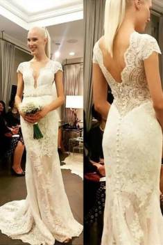 Chic Deep V Neck Short Sleeves Lace Applqiues Wedding Dresses W353 – Ombreprom