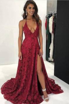 Gorgeous Lace Appliques Spaghetti Straps V Neck With Split Prom Dress P656 – Ombreprom