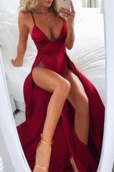 Luxury Red Spaghetti Straps V Neck With Split Side Prom Dress P653 – Ombreprom