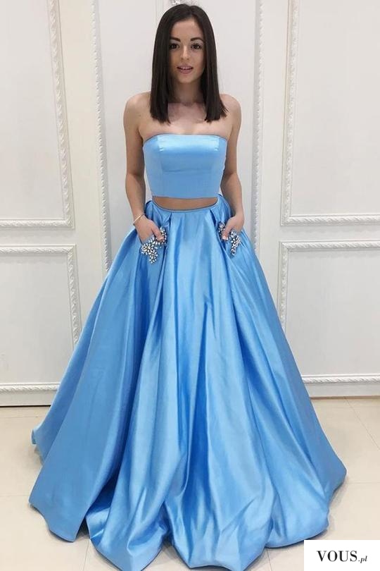 Simple Sweep Train Blue Two Piece With Pocket Satin Strapless Prom Dress P807