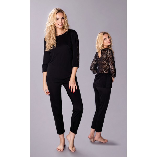 Elegancka piżama damska jedwab wiskozowy Marietta czarna – Pradlo
